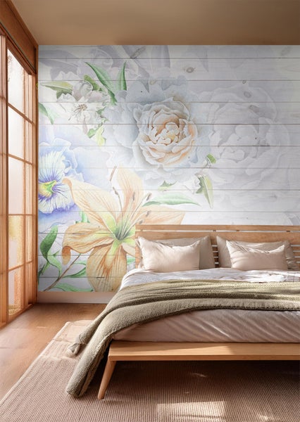 Schlafzimmer mit Fototapete mit Blumenmuster