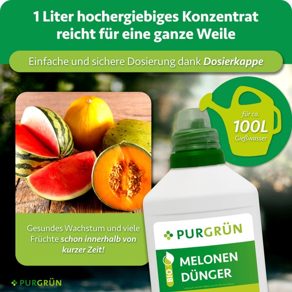 Eine Flasche PURGRÜN Melonendünger mit Dosierkappe für einhundert Liter Gießwasser für gesundes Wachstum von Melonen.