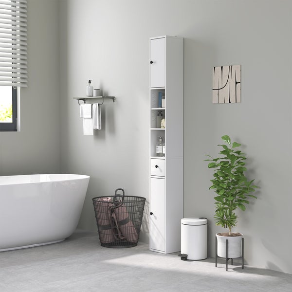 HOMCOM Badezimmerschrank schmal, Hochschrank Toilettenschrank mit Schublade, 3 offenen Fächern, verstellbarem Regal, Badschrank für kleine Räume, Badezimmer, Wohnzimmer 20 x 20 x 178 cm Weiß
