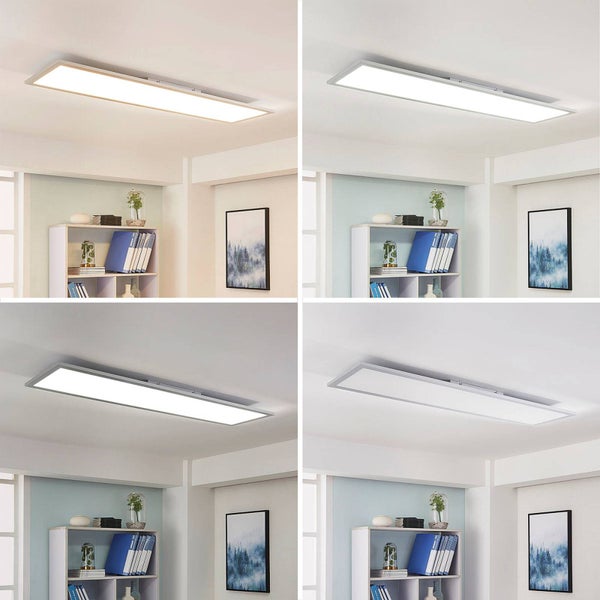 Rechteckiges LED-Deckenpanel mit silbernem Rahmen in einem hellen Zimmer über einem Regal, dargestellt in verschiedenen Lichtfarben und ausgeschaltet.