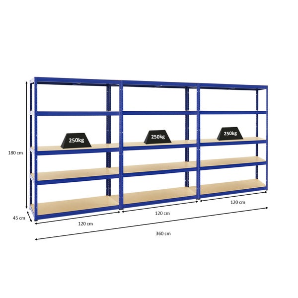 PROREGAL Mega Deal 3x Schwerlastregal Big Elephant S HxBxT 180 x 120 x 45 cm Fachlast 250 kg Blau