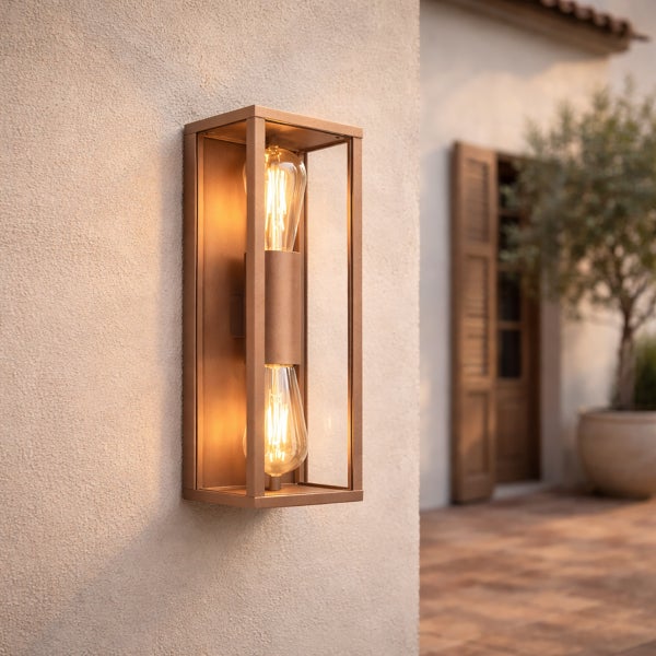 Außenwandleuchte in Kastenform aus Metall in Bronze-Optik mit zwei dekorativen Edison-Leuchtmitteln an einer hellen Hausfassade.
