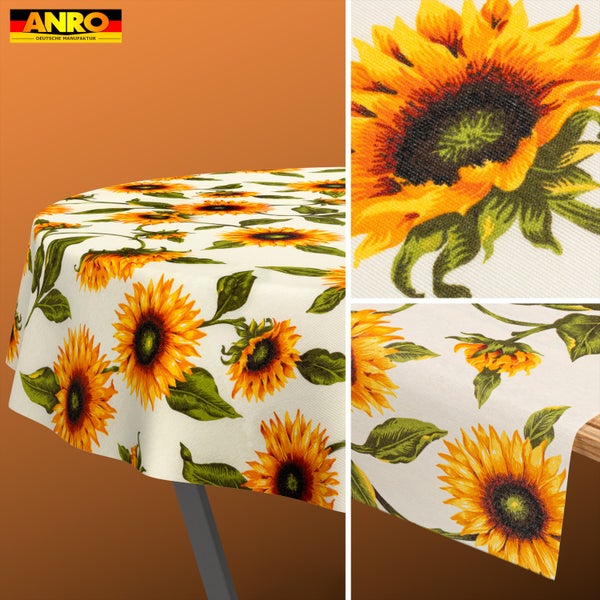 Abwaschbare Tischdecke aus Wachstuch mit Sonnenblumen-Motiv und Detailansicht des Gewebes. ANRO Logo.