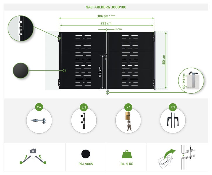 Nali Arlberg 300B180 Gartentor mit Abmessungen und Zubehör