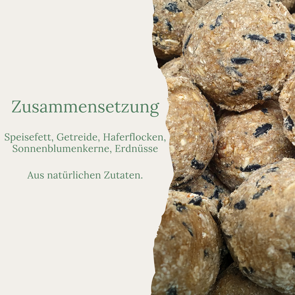 Fettfutterknödel für Gartenvögel, hergestellt aus Getreide, Haferflocken, Sonnenblumenkernen und Erdnüssen