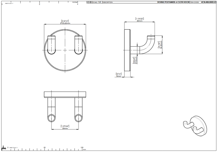 Technische Zeichnung eines Doppel-Kleiderhakens aus Polyamid 6 mit Maßangaben in Millimetern.
