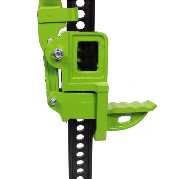 Detailansicht eines Farm Jack Wagenhebers mit Mechanismus und Hebeschiene.