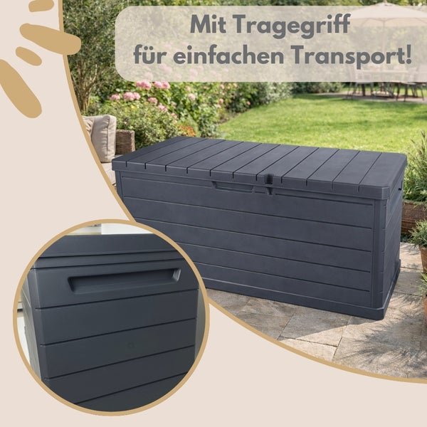 Aufbewahrungsbox aus Kunststoff mit Tragegriffen im Garten.