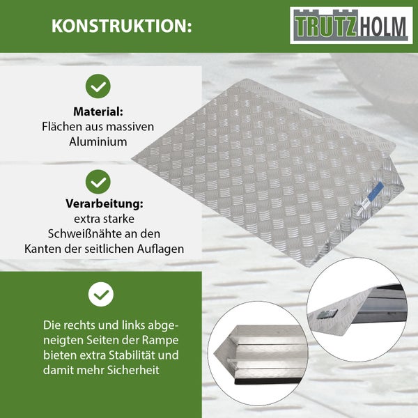 Trutzholm Logo. Detailansicht einer Aluminiumrampe mit geriffelter Oberfläche und den Konstruktionsmerkmalen.