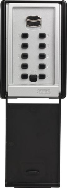 Silber-schwarzer ABUS Schlüsseltresor KeyGarage mit Zahlencode-Tastatur, Reset-Funktion und geöffneter Schutzabdeckung.