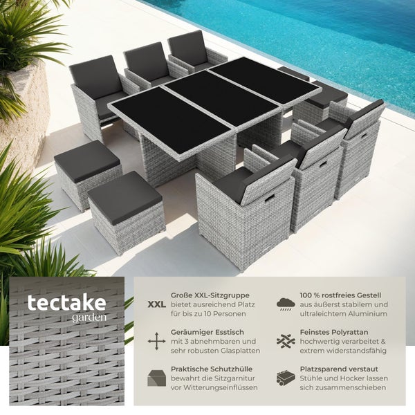 Rattan Sitzgruppe tectake New York 2 Bezugssets, zusammenschiebbar, inklusive Schutzhülle mit Aluminiumgestell hellgrau