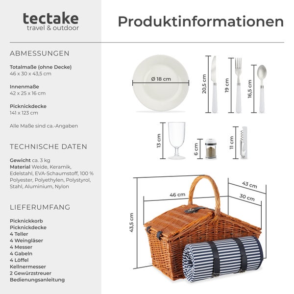 Picknickkorb tectake Usedom inkl. 20-teiliges Geschirrset, Kellnermesser und Gewürzstreuer für 4 Personen, mit Picknickdecke braun