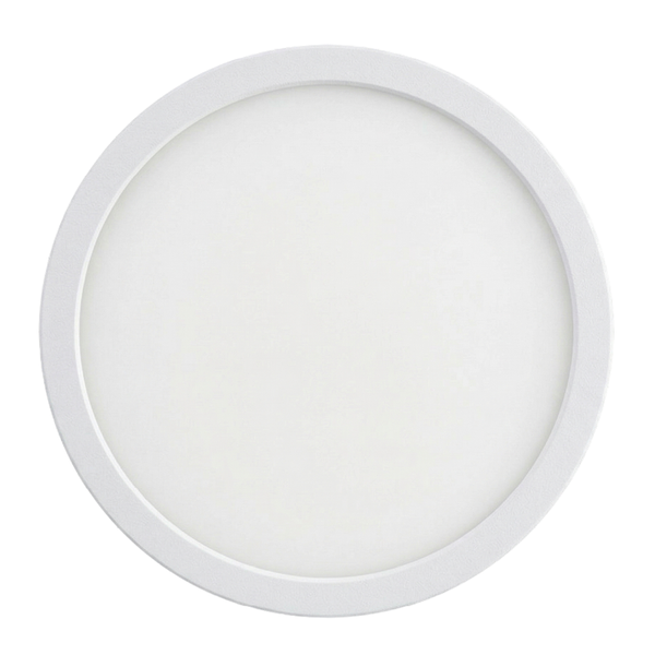 Runde LED-Panel-Leuchte mit weißem Rahmen und matter Kunststoffabdeckung.