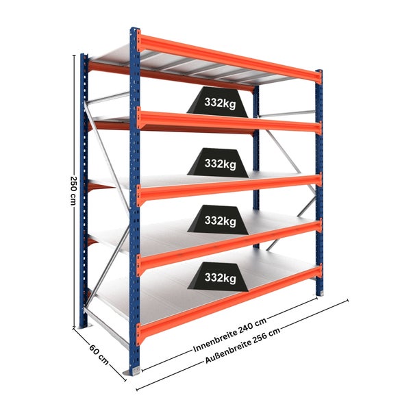 Blau-oranges Schwerlastregal, 5 Ebenen, Höhe 250 Zentimeter, Breite 256 Zentimeter, Tiefe 60 Zentimeter, Tragkraft pro Boden 332 Kilogramm.