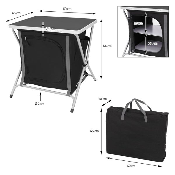 Campingküche mit Tragetasche und Größenangaben