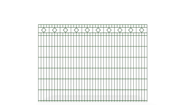Doppelstabmatte 6/5/6 mit Raute ZAUNGURU BASIC-Linie, Schmuckzaun, Höhe: 143cm, Breite: 200,5cm, Doppelstabmattenzaun verzinkt und zusätzlich in RAL 6005 Moosgrün pulverbeschichtet