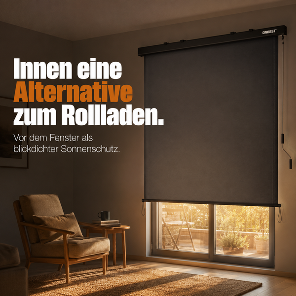 Blickdichtes Innenrollo von ONBEST als Sonnenschutz, montiert über einer Terrassentür in einem hellen, wohnlich eingerichteten Zimmer mit Sessel.