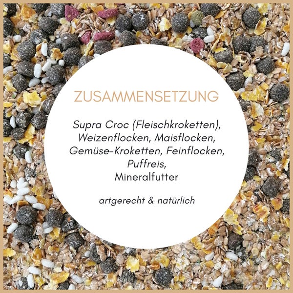 Zusammensetzung von Tierfutter mit Fleischkroketten, Weizenflocken, Maisflocken, Gemüsekroketten, Feinflocken, Puffreis und Mineralfutter