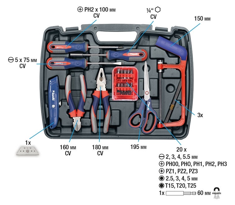 kwb Werkzeug-Koffer inkl. Werkzeug-Set, 65-teilig, gefüllt, robust und hochwertig, ideal für,den Haushalt oder oder die Garage, im praktischen Kunststoffkoffer, Mehrfarbig