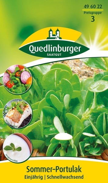 Samentüte für Sommer-Portulak von Quedlinburger Saatgut, einjährig, schnellwachsend, mit Serviervorschlägen für Salat, Fisch und Quark.