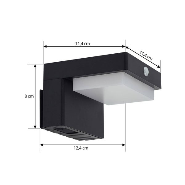 Außenwandleuchte mit Bewegungsmelder, schwarz mit weißem Diffusor, Abmessungen 11,4 mal 11,4 mal 8 Zentimeter.