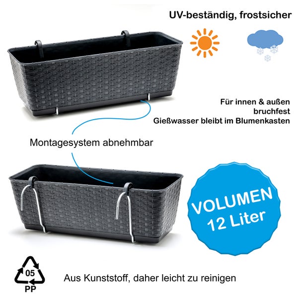 BigDean 2er Set Blumenkästen für Balkon-Geländer - Rattan-Optik - Anthrazit - Balkonkästen mit Metall-Halterungen - 49 x 17 x 17 cm - inkl. Bewässerungssystem
