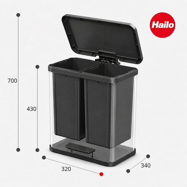 Hailo Doppelmülleimer mit Fußpedal für die Mülltrennung mit Maßangaben in Millimeter