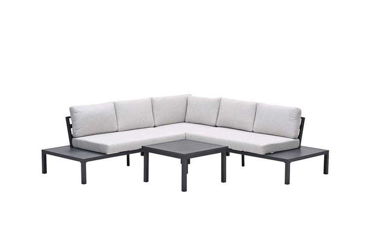 Modernes Eck-Lounge-Set aus dunklem Metall mit hellgrauen Polstern, integrierten Ablageflächen und quadratischem Couchtisch.