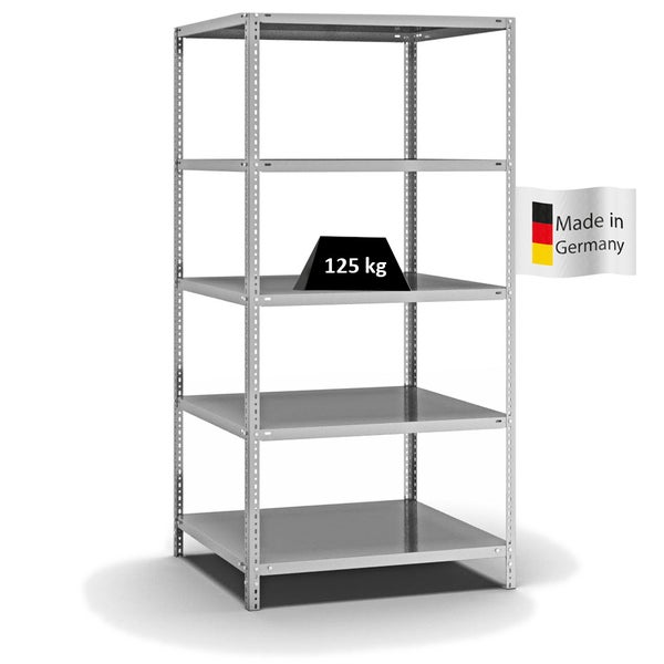 PROREGAL Fachbodenregal Schraubsystem Light-Duty Grundregal HxBxT 200 x 100 x 80 cm 5 Ebenen Fachlast 125 kg Beidseitig Nutzbar Verzinkt