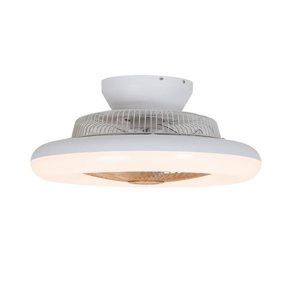 Moderner runder Deckenventilator in Weiß mit integriertem LED-Lichtring und Ventilatorflügeln in Holzoptik.