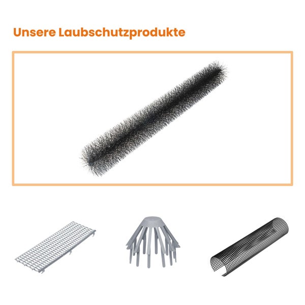 Auswahl verschiedener Laubschutzprodukte für Dachrinnen wie Dachrinnenbürste, Laubschutzgitter, Laubfangsieb und Laubschutznetz.