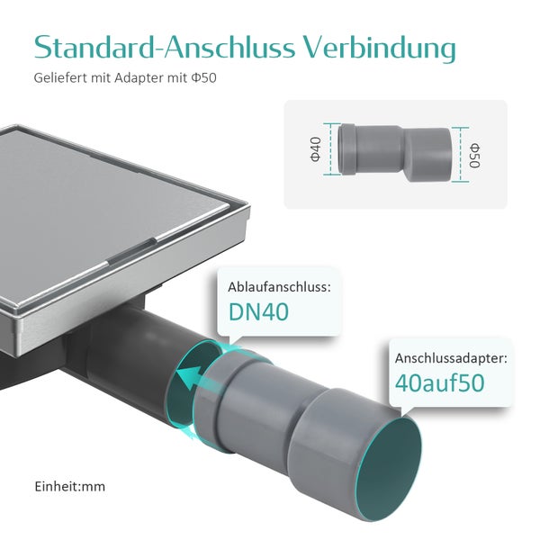 Standard-Anschluss für Duschrinne mit Adapter von 40 auf 50 Millimeter Durchmesser. Edelstahlrinne mit Ablaufanschluss der Größe 40 Millimeter.