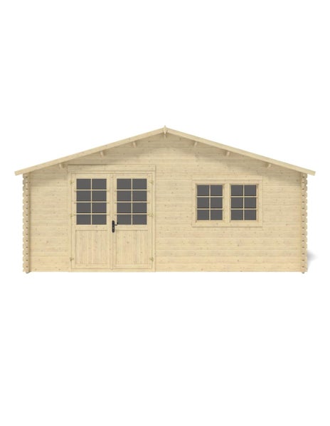 Gartenhaus aus Holz mit Doppeltür und Fenster in Blockbohlenbauweise