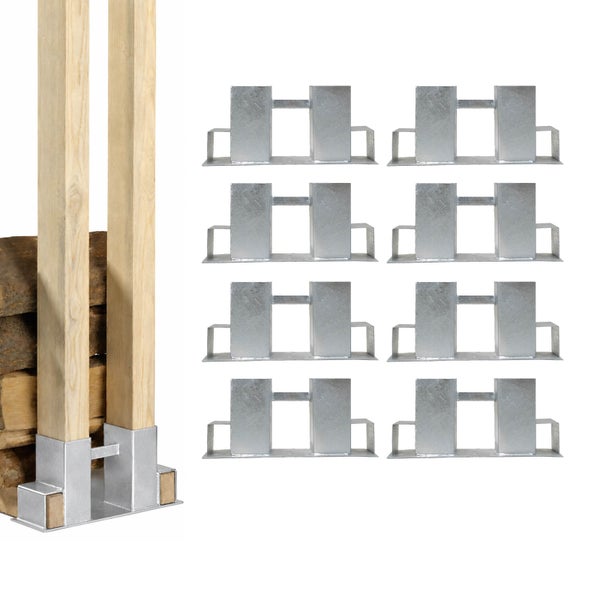 Set von acht feuerverzinkten Metallpfostenträgern für Kaminholzregale zur stabilen Befestigung von Holzbalken.
