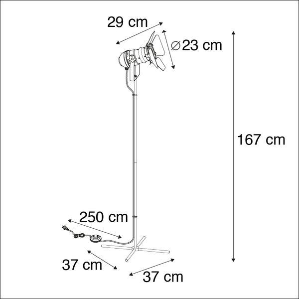 Technische Zeichnung einer Stehlampe mit den Maßen 167 cm Höhe, Lampenkopf 29 cm breit und 23 cm Durchmesser, Fuß 37 cm breit und 37 cm tief, Kabellänge 250 cm.