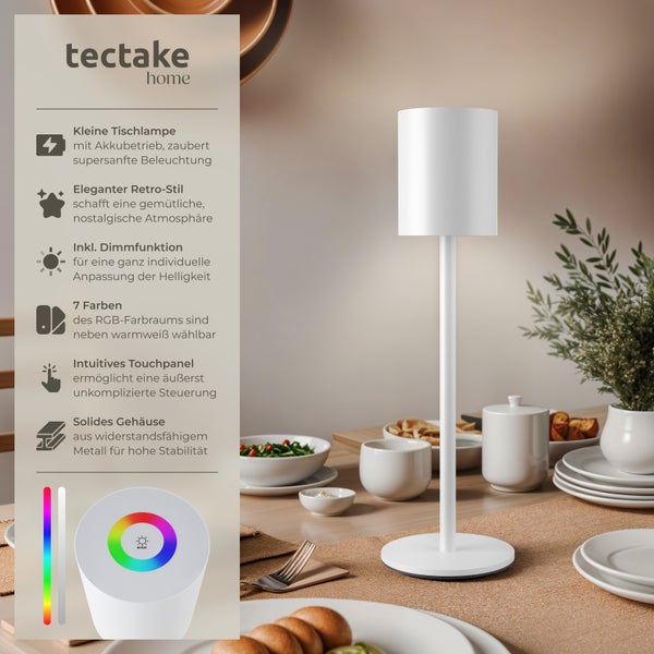 tectake Corly Retro-Tischlampe Corly, LED, 7 Lichtfarben, dimmbar 10 x 37 cm weiß