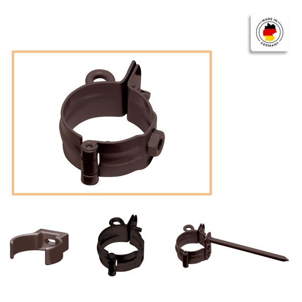 Braune Fallrohrschelle für Dachrinnen aus Kunststoff in verschiedenen Ansichten mit Made in Germany Siegel.