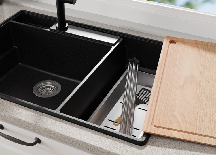 PRIMAGRAN Granitspüle Alles Schwarz 78x53cm, Spülbecken 2 Becken + Küchenarmatur 40x38cm + Ablauf-Set + Küchenzubehörset, Küchenspüle ab 80er Unterschrank - Paris