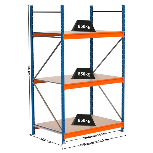 Schwerlastregal mit drei Ebenen und den Maßen 250 cm Höhe, 100 cm Tiefe und 160 cm Außenbreite