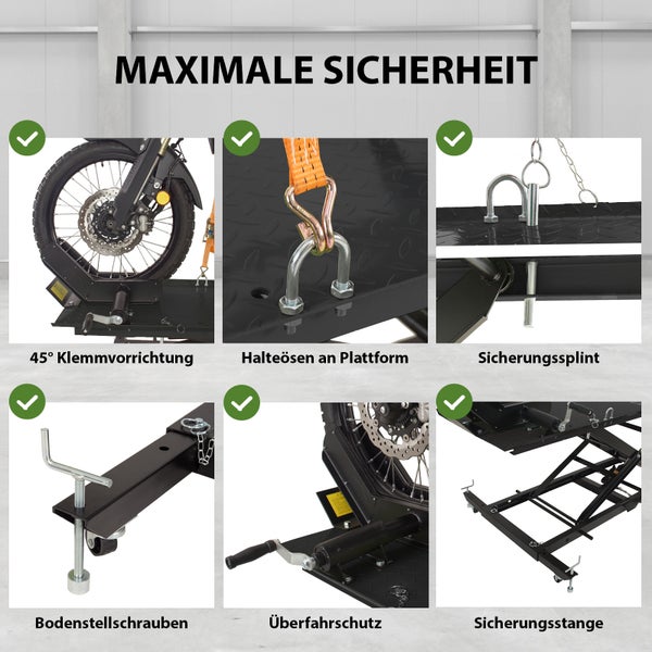Hydraulische Motorradhebebühne XL 560 kg Scherenhub Breite 60,5 cm Motorradheber Rampe in Schwarz