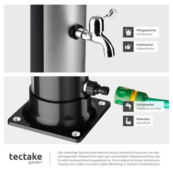 Solardusche mit verchromtem Wasserhahn, universellem Wasseranschluss für Gartenschläuche und robustem Standfuß. tectake garden Logo.