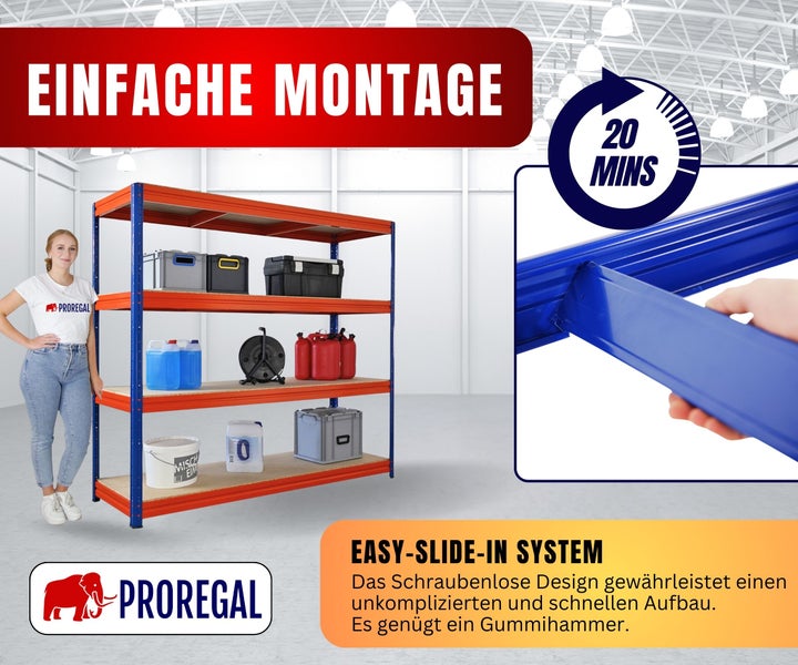 Proregal Schwerlastregal mit blauem Rahmen und orangefarbenen Böden, einfache Montage in 20 Minuten durch schraubenloses Stecksystem.
