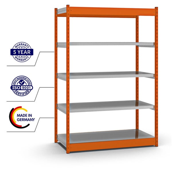PROREGAL Fachbodenregal Stecksystem Vierkant-Profil Grundregal HxBxT 200 x 132,5 x 60 cm 5 Ebenen Einseitige Bauart Fachlast 200 kg Orange