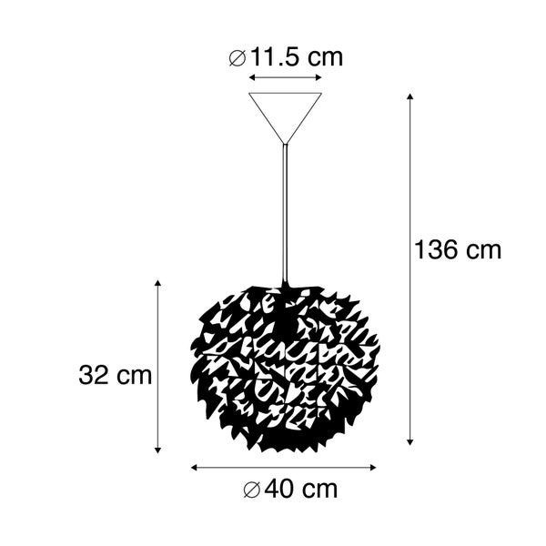 Maßzeichnung einer Pendelleuchte: Gesamthöhe 136 Zentimeter, Schirmdurchmesser 40 Zentimeter, Schirmhöhe 32 Zentimeter, Baldachindurchmesser 11,5 Zentimeter.