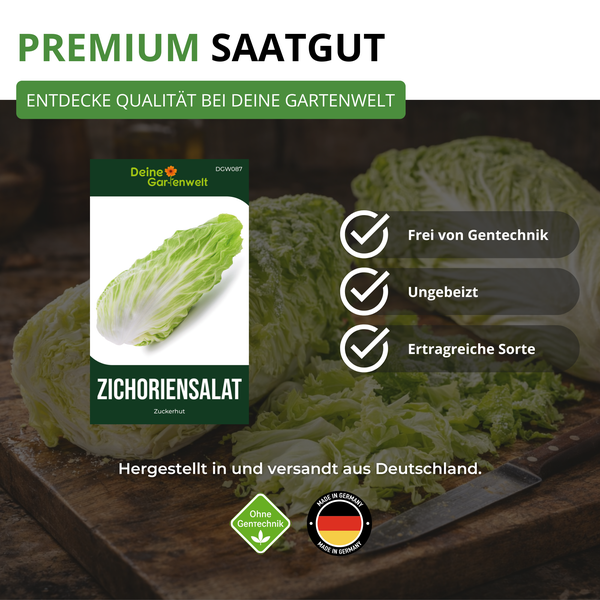 Samentüte für Zichoriensalat Zuckerhut, Deine Gartenwelt Logo, gentechnikfrei, ungebeizt, ertragreiche Sorte, hergestellt in Deutschland.