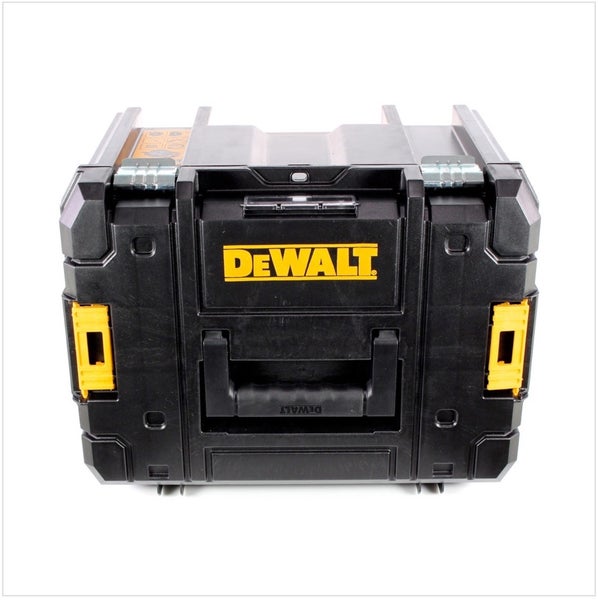 DeWALT Werkzeugbox ToughSystem aus schwarzem Kunststoff mit Tragegriff und gelben Verschlüssen.