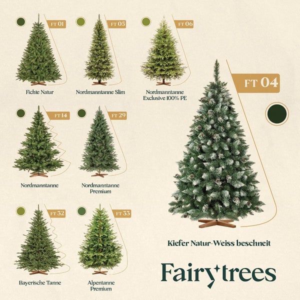 Übersicht verschiedener künstlicher Fairy Trees Weihnachtsbäume wie Fichte, Nordmanntanne, Kiefer und Alpentanne in verschiedenen Ausführungen.