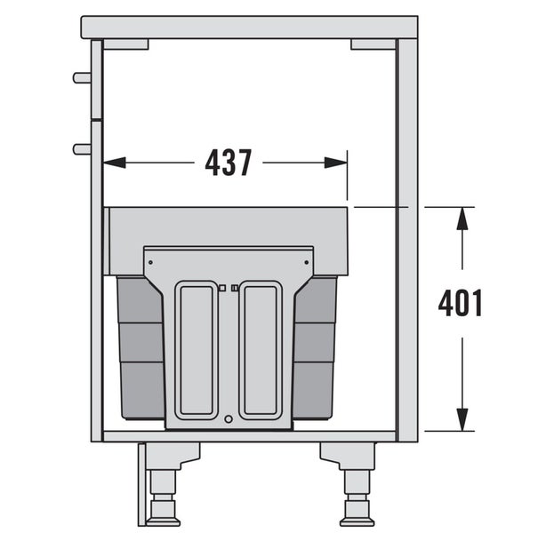 Zeichnung eines Waschtischunterschranks mit den Maßen 437 mal 401