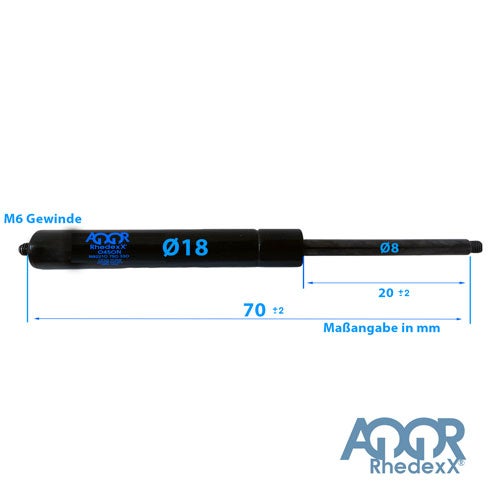 Gasdruckfeder mit M6 Gewinde, Durchmesser 18 und 8 Millimeter, Hub 20 Millimeter, Gesamtlänge 70 Millimeter. AGOR Rhedexx Logo.