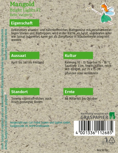Rückseite der Samentüte für Mangold Bright Lights F1 mit Pflanzanleitung für Aussaat, Kultur, Standort und Ernte.